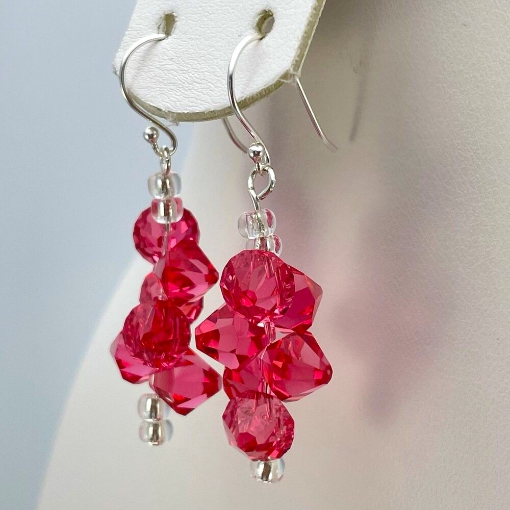 Made With Swarovski Crystals Pink Beaded Sterling Silver Dangle Earrings Elegant